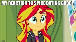 Size: 1904x1064 | Tagged: safe, edit, edited screencap, screencap, sunset shimmer, dragon dropped, equestria girls, g4, my little pony equestria girls: rainbow rocks, caption, emotionless, female, image macro, implied gabby, implied shipping, implied spabby, implied spike, implied straight, male, solo, text