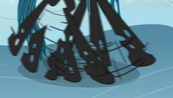 Size: 1280x720 | Tagged: safe, screencap, queen chrysalis, changeling, changeling queen, frenemies (episode), g4, female, ice, legs, pictures of legs, slipping