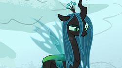Size: 1280x720 | Tagged: safe, screencap, queen chrysalis, changeling, changeling queen, frenemies (episode), g4, crown, eyeshadow, female, former queen chrysalis, frown, insect wings, jewelry, makeup, raised eyebrow, regalia, slit pupils, solo, thinking, wings