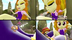 Size: 3861x2187 | Tagged: safe, artist:scalelover, edit, adagio dazzle, sunset shimmer, equestria girls, g4, 3d, breathing, female, fetish, giantess, high res, macro, open mouth, ponyville, pre sneeze, sneeze cloud, sneezing, sneezing fetish, source filmmaker