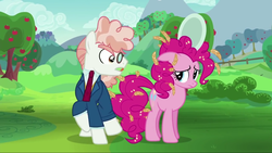 Size: 1280x720 | Tagged: safe, screencap, pinkie pie, svengallop, earth pony, pony, g4, the mane attraction, apple tree, bossy, clothes, cute, cutie mark, duo, female, floppy ears, food, glasses, male, mare, miserable, oats, plate, snobby, stallion, suit, tree