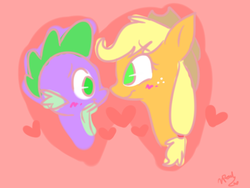 Size: 1024x768 | Tagged: safe, artist:leetle-pink-fudge, applejack, spike, dragon, pony, g4, blushing, cute, female, hat, heart, looking at each other, male, mare, no pupils, ship:applespike, shipping, straight