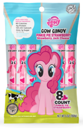 Size: 650x1000 | Tagged: safe, pinkie pie, g4, bag, cheese, cow candy, food, plastic, sitting, strawberry, string cheese