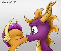 Size: 800x671 | Tagged: safe, artist:strebiskunk, smolder, dragon, g4, blushing, crossover, crossover shipping, dragoness, duo, eyes closed, female, gray background, kiss on the lips, kissing, male, shipping, simple background, spyro the dragon, spyro the dragon (series), spyrolder, straight