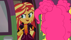 Size: 1916x1080 | Tagged: safe, screencap, pinkie pie, sunset shimmer, equestria girls, equestria girls specials, g4, my little pony equestria girls: better together, my little pony equestria girls: sunset's backstage pass, >:d, duo, female, geode of empathy, magical geodes, tour bus