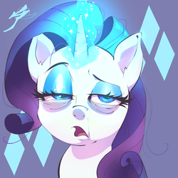Size: 1500x1500 | Tagged: safe, artist:aetherionart, rarity, pony, unicorn, do princesses dream of magic sheep, g4, season 5, bags under eyes, bust, cutie mark, ear fluff, faic, female, funny, majestic as fuck, mare, messy mane, portrait, purple background, rarity's cutie mark, scene interpretation, simple background, solo, sophisticated as hell, tired