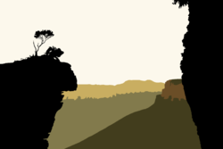 Size: 1280x854 | Tagged: safe, artist:didgereethebrony, daring do, pegasus, pony, g4, blue mountains, cliff, colored, female, flat colors, hanging rock, mlp in australia, silhouette, solo, tree, valley