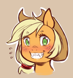Size: 676x718 | Tagged: safe, artist:cold-blooded-twilight, applejack, earth pony, pony, g4, blushing, bust, cute, cute little fangs, fangs, female, freckles, grin, hat, mare, smiling, solo