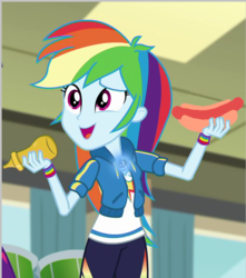 Size: 824x932 | Tagged: safe, edit, edited screencap, screencap, rainbow dash, equestria girls, equestria girls series, g4, overpowered (equestria girls), clothes, cropped, female, food, geode of super speed, hot dog, magical geodes, meat, mustard, sauce, sausage, solo