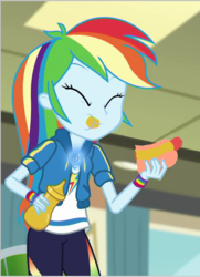 Size: 664x916 | Tagged: safe, edit, edited screencap, screencap, rainbow dash, equestria girls, g4, my little pony equestria girls: better together, overpowered (equestria girls), chewing, clothes, cropped, cute, dashabetes, eating, eyes closed, female, food, geode of super speed, hot dog, magical geodes, meat, messy eating, mustard, sauce, sausage, solo