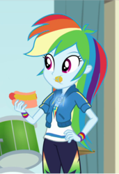 Size: 704x1032 | Tagged: safe, edit, edited screencap, screencap, rainbow dash, equestria girls, equestria girls series, g4, overpowered (equestria girls), chewing, clothes, cropped, eating, female, food, geode of super speed, hot dog, magical geodes, meat, messy eating, mustard, sauce, sausage, solo