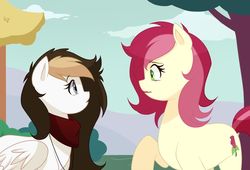 Size: 1024x698 | Tagged: safe, artist:hikariviny, roseluck, oc, oc:sweet lullaby, earth pony, pegasus, pony, g4, clothes, duo, female, jewelry, looking at each other, mare, necklace, parent:doctor whooves, raised hoof, scarf