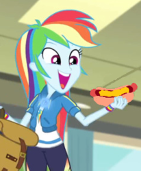 Size: 238x289 | Tagged: safe, edit, edited screencap, screencap, rainbow dash, equestria girls, equestria girls series, g4, overpowered (equestria girls), backpack, cheese, chili, chili dog, chilli, clothes, cropped, female, food, geode of super speed, hot dog, magical geodes, meat, ponytail, sausage