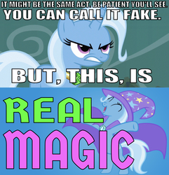 Size: 639x662 | Tagged: safe, artist:madameleflour, edit, edited screencap, editor:undeadponysoldier, screencap, trixie, pony, unicorn, boast busters, g4, magic duel, angry, cape, caption, clothes, cute, eyes closed, female, hat, image macro, lyrics, magic pmv, meme, pmv, solo, song reference, text, trixie's cape, trixie's hat