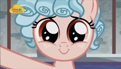 Size: 1302x741 | Tagged: safe, screencap, cozy glow, pegasus, pony, g4, school raze, adoracreepy, cozy glow is best facemaker, cozybetes, creepy, cute, female, filly, foal, freckles, logo, looking at you, nick jr., smiling, smiling at you, solo