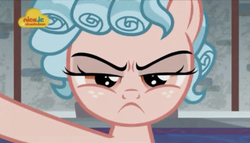 Size: 1297x744 | Tagged: safe, screencap, cozy glow, pegasus, pony, g4, school raze, angry, cozy glow is not amused, cozybetes, cute, female, filly, freckles, logo, looking at you, nick jr., solo, unamused