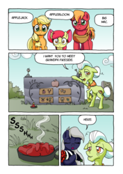 Size: 1201x1700 | Tagged: safe, artist:tarkron, apple bloom, applejack, big macintosh, granny smith, oc, oc:tara, earth pony, pony, comic:ghosts of the past, g4, apple family, apple siblings, bipedal, bouquet, candle, comic, dialogue, female, filly, flower, gravestone, graveyard, male, mare, sad, stallion