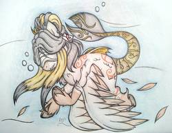 Size: 1589x1224 | Tagged: safe, artist:angelofthewisp, oc, oc only, oc:rainwater ratina, merpony, pony, female, solo, traditional art, underwater, wings