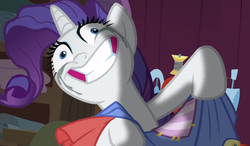 Size: 1072x626 | Tagged: safe, screencap, rarity, pony, unicorn, fame and misfortune, g4, faic, female, makeup, mare, rarisnap, running makeup, solo, why i'm creating a gown darling