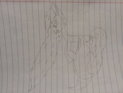 Size: 4656x3492 | Tagged: safe, artist:asiandra dash, rainbow dash, pegasus, pony, g4, backwards cutie mark, female, flying, gritted teeth, lined paper, nightmare rainbow dash, nightmarified, pencil drawing, slit pupils, solo, spread wings, traditional art, wings