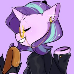 Size: 512x512 | Tagged: safe, artist:snowillusory, starlight glimmer, pony, unicorn, g4, clothes, ear piercing, earring, eyes closed, female, jewelry, monocle, piercing, solo, suit, umbrella