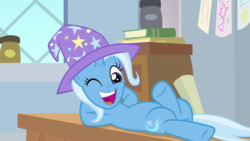 Size: 1920x1080 | Tagged: safe, screencap, trixie, pony, unicorn, a horse shoe-in, g4, season 9, anatomically incorrect, book, clothes, crossed legs, cute, diatrixes, faic, female, hat, hooves behind head, incorrect leg anatomy, lying down, mare, mawshot, misleading thumbnail, on back, one eye closed, onomatopoeia, open mouth, open smile, smiling, solo, trixie's hat, uvula, wink