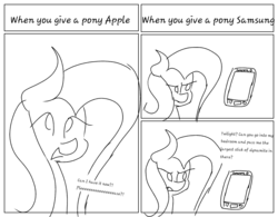 Size: 1000x778 | Tagged: safe, artist:treble clefé, fluttershy, pegasus, pony, g4, angry, apple (company), comic, comparison, cute, dialogue, female, implied iphone, implied twilight sparkle, monochrome, open mouth, phone, samsung, shyabetes, solo, text, this will not end well, unamused, wingless