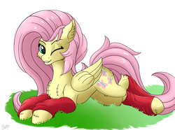 Size: 2500x1857 | Tagged: safe, artist:orangejuicerus, fluttershy, pegasus, pony, g4, clothes, cute, female, fluffy, leg warmers, looking at you, one eye closed, shyabetes, smiling, socks, wink