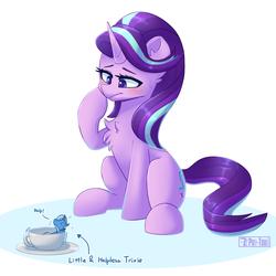 Size: 1645x1643 | Tagged: safe, artist:puetsua, starlight glimmer, trixie, pony, unicorn, g4, chest fluff, concerned, cup, cup of pony, cute, duo, ear fluff, female, micro, smol, sweat, sweatdrop, teacup