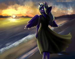 Size: 1630x1278 | Tagged: safe, artist:yutakira92, oc, oc only, alicorn, anthro, clothes, dress, female, horn, night, ocean, sunset, walk, wings, ych result