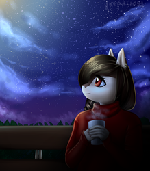 Size: 2000x2287 | Tagged: safe, artist:yutakira92, oc, oc only, earth pony, anthro, chocolate, clothes, female, food, high res, hot chocolate, moon, night, park, stars, sweater, ych result