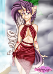 Size: 2500x3500 | Tagged: safe, artist:manestreamstudios, oc, oc only, oc:sumac spirit, horse, unicorn, anthro, breasts, clothes, detailed background, dress, female, fluffy, high res, hips, horn, mist, rock, smiling, solo, waterfall, ych result