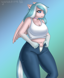 Size: 1233x1500 | Tagged: safe, artist:yutakira92, oc, oc only, oc:foxyhollows, pegasus, anthro, anthro oc, belly button, big breasts, breasts, chubby, clothes, female, jeans, pants, plump, solo, wings, ych result