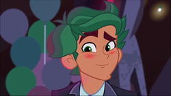 Size: 1280x720 | Tagged: safe, screencap, timber spruce, equestria girls, g4, my little pony equestria girls: legend of everfree, blushing, clothes, cute, handsome, male, smiling, solo, suit, timberbetes