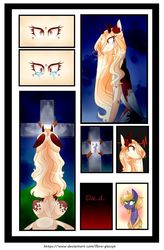 Size: 1024x1557 | Tagged: safe, artist:manella-art, oc, oc only, oc:lania, pegasus, pony, comic:the lost memory of lania, cross, crying, female, horns, male, mare, stallion