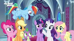Size: 853x480 | Tagged: safe, screencap, applejack, fluttershy, pinkie pie, rainbow dash, rarity, spike, twilight sparkle, alicorn, dragon, earth pony, pegasus, pony, unicorn, g4, the beginning of the end, all new, canterlot, castle, discovery family logo, female, male, mane seven, mane six, mare, text, twilight sparkle (alicorn), winged spike, wings