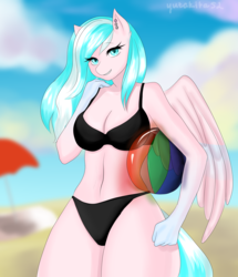 Size: 3400x3956 | Tagged: safe, artist:yutakira92, oc, oc only, oc:foxyhollows, pegasus, anthro, anthro oc, ball, beach, belly button, bikini, black bikini, black swimsuit, breasts, clothes, female, high res, sky, solo, summer, swimsuit, wings, ych result