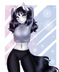 Size: 3316x4000 | Tagged: safe, artist:yutakira92, oc, oc only, earth pony, anthro, adorasexy, arm behind head, belly, belly button, big breasts, breasts, clothes, curly mane, cute, female, jeans, midriff, ocbetes, pants, sexy, short shirt, solo, thigh gap, top, underass
