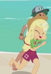 Size: 373x540 | Tagged: safe, screencap, applejack, timber spruce, equestria girls, equestria girls series, g4, turf war, applejack's hat, barefoot, clothes, cowboy hat, feet, female, geode of super strength, happy, hat, legs, lifeguard, lifeguard applejack, lifeguard timber, magical geodes, male, male feet, running, shorts, toes, wet hair