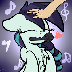 Size: 1536x1536 | Tagged: dead source, safe, artist:php142, coloratura, earth pony, human, pony, g4, :3, chest fluff, cute, disembodied hand, eyes closed, female, gradient background, hand, heart, human on pony petting, microphone, mouth hold, music notes, petting, rarabetes, simple background, solo, weapons-grade cute