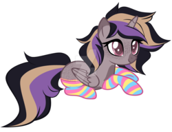Size: 1280x982 | Tagged: safe, artist:magicdarkart, oc, oc only, alicorn, pony, base used, clothes, deviantart watermark, female, mare, obtrusive watermark, prone, simple background, socks, solo, striped socks, transparent background, watermark
