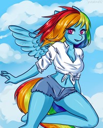 Size: 1034x1280 | Tagged: safe, artist:yutakira92, rainbow dash, fly, pegasus, anthro, g4, belly button, breasts, cleavage, clothes, cloud, female, looking at you, mare, midriff, sexy, short shirt, shorts, sky, solo, stupid sexy rainbow dash, wings