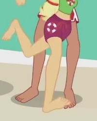 Size: 213x266 | Tagged: safe, screencap, applejack, timber spruce, equestria girls, equestria girls series, g4, turf war, ankles, clothes, cropped, feet, legs, lifeguard applejack, lifeguard timber, male, male feet, pictures of legs, shorts, spread toes, toes