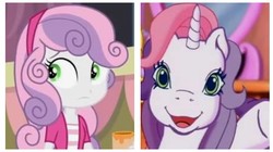Size: 711x398 | Tagged: safe, edit, edited screencap, screencap, sweetie belle, sweetie belle (g3), equestria girls, g3, g4, my little pony equestria girls: rainbow rocks, comparison, female