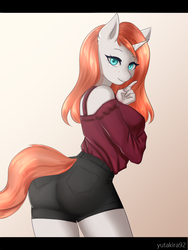 Size: 2976x3968 | Tagged: safe, artist:yutakira92, oc, oc only, unicorn, anthro, ass, breasts, butt, clothes, female, high res, horn, looking at you, mare, raised finger, shorts, simple background, solo, teasing, ych result