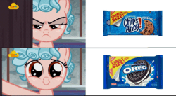 Size: 1052x576 | Tagged: safe, edit, screencap, cozy glow, pony, g4, school raze, chips ahoy, cookie, cozy glow is not amused, cozybetes, cute, door, female, food, frown, gif, glare, happy, logo, nick jr., non-animated gif, oreo, smiling, solo