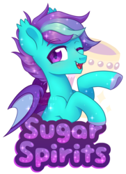 Size: 2203x3038 | Tagged: safe, artist:hawthornss, oc, oc only, oc:sugar spirits, bat pony, badge, bat pony oc, blushing, chest fluff, colored hooves, cute, cute little fangs, ear fluff, fangs, high res, looking at you, simple background, smiling, sparkles, text, underhoof, unshorn fetlocks, watermark, white background