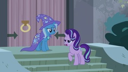 Size: 1920x1080 | Tagged: safe, screencap, starlight glimmer, trixie, pony, g4, student counsel, cape, clothes, door, hat, night, stairs, trixie's cape, trixie's hat
