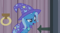 Size: 1920x1080 | Tagged: safe, screencap, trixie, pony, g4, student counsel, cape, clothes, female, hat, mare, solo, trixie's cape, trixie's hat