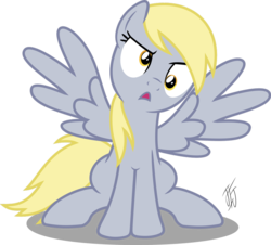 Size: 940x850 | Tagged: safe, artist:mlp-scribbles, derpy hooves, pegasus, pony, g4, confused, cute, derpabetes, female, mare, open mouth, simple background, sitting, solo, spread wings, transparent background, vector, wings